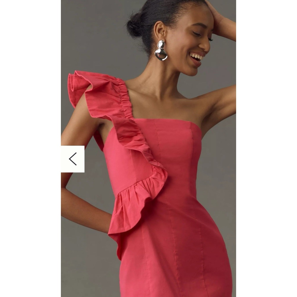 Anthropologie Pink linen One-Shoulder Ruffle column Midi Dress M 6 8 10